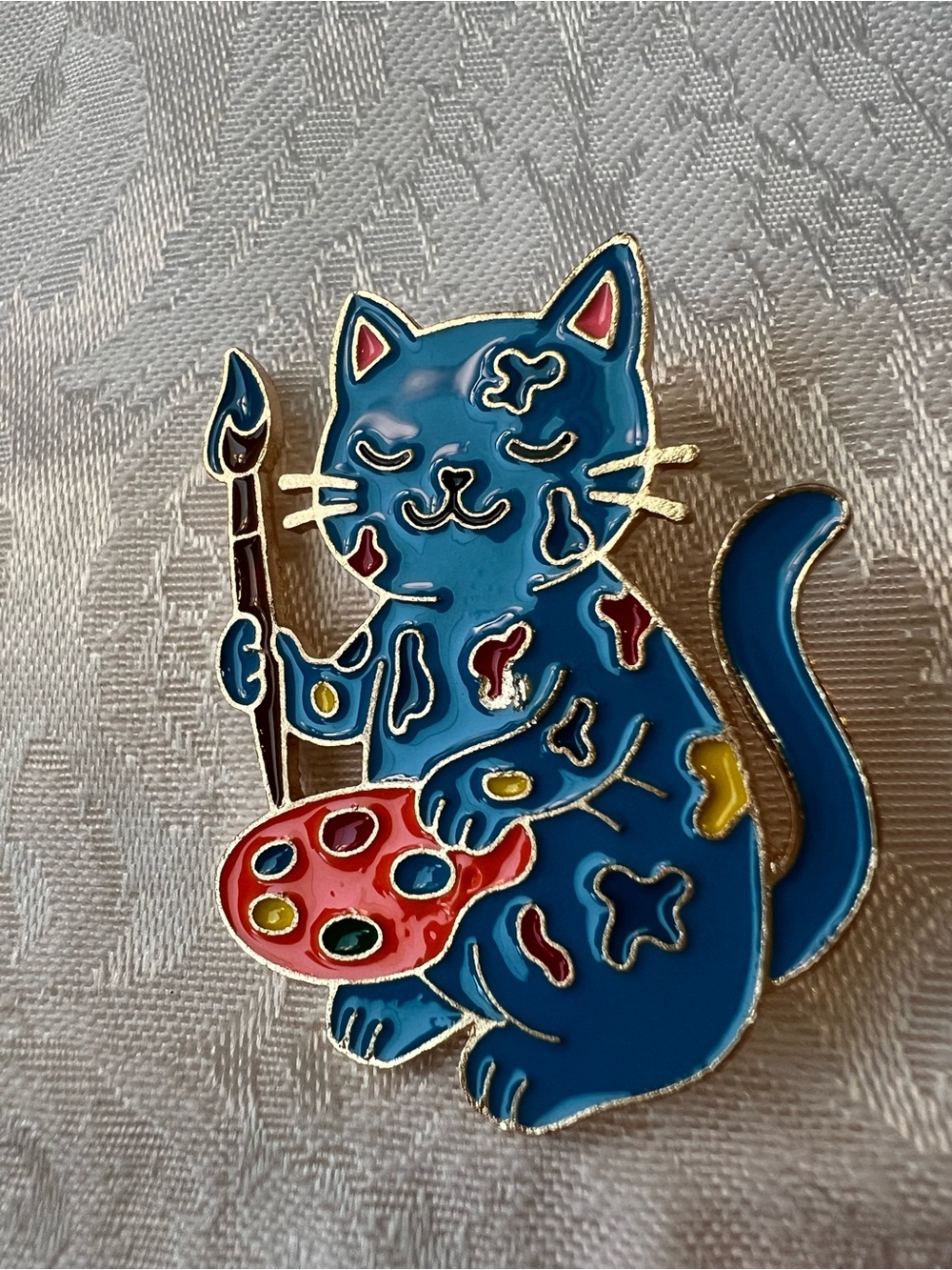 Blue Artist Cat Enamel Brooch with Colorful Palette